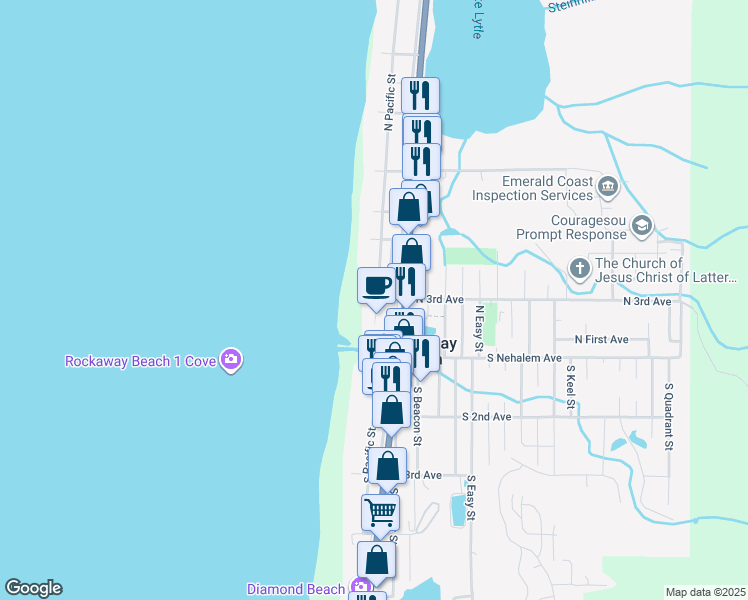 map of restaurants, bars, coffee shops, grocery stores, and more near 160 North 3rd Avenue in Rockaway Beach
