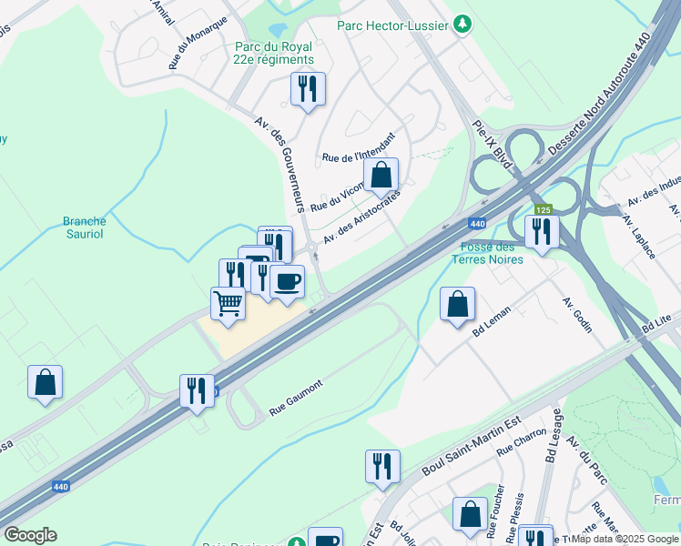 map of restaurants, bars, coffee shops, grocery stores, and more near 3025 Avenue des Gouverneurs in Laval