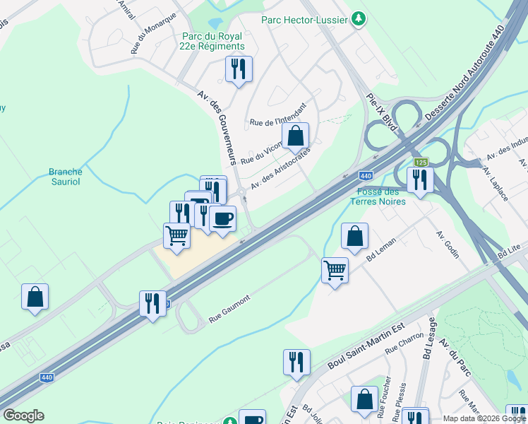 map of restaurants, bars, coffee shops, grocery stores, and more near 3025 Avenue des Gouverneurs in Laval