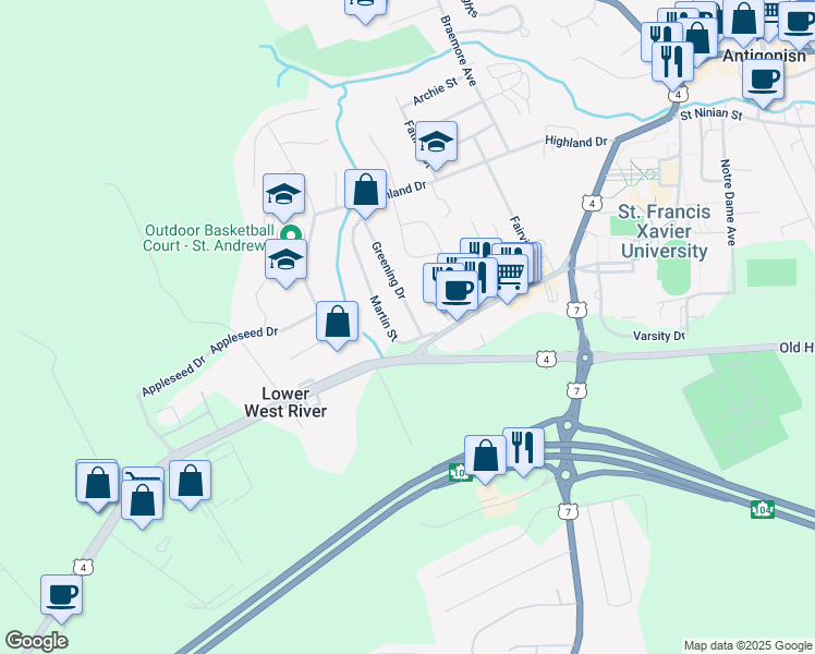 map of restaurants, bars, coffee shops, grocery stores, and more near 32 Greening Drive in Antigonish