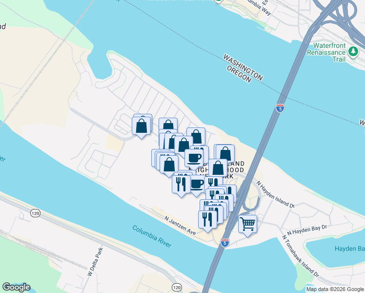 map of restaurants, bars, coffee shops, grocery stores, and more near 1465 North Hayden Island Drive in Portland