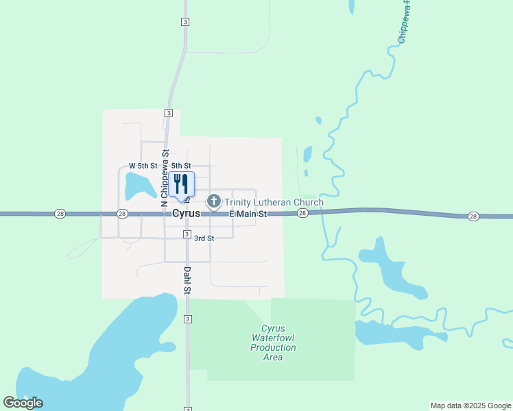 map of restaurants, bars, coffee shops, grocery stores, and more near 412 East Main Street in Cyrus