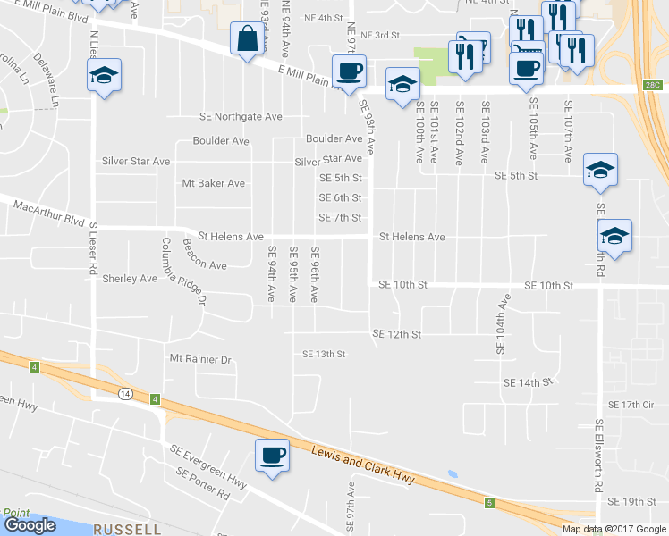 map of restaurants, bars, coffee shops, grocery stores, and more near 814 Southeast 97th Avenue in Vancouver