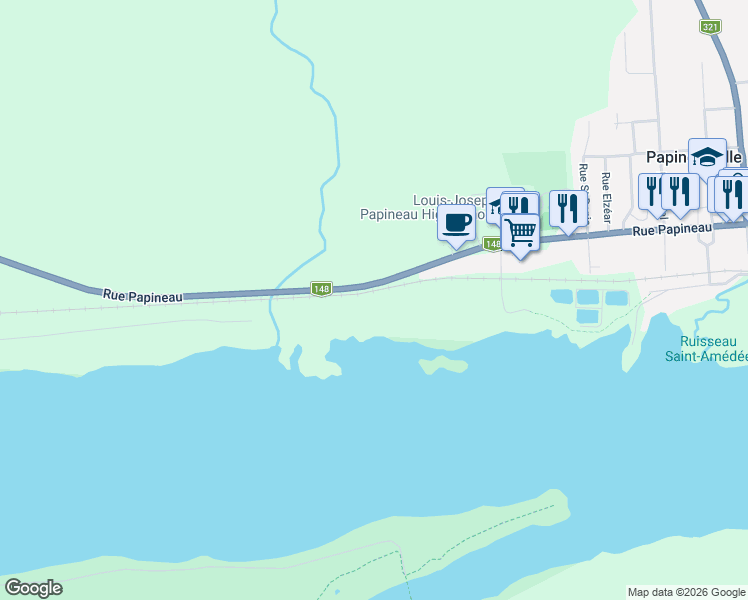 map of restaurants, bars, coffee shops, grocery stores, and more near Rue Papineau in Papineauville