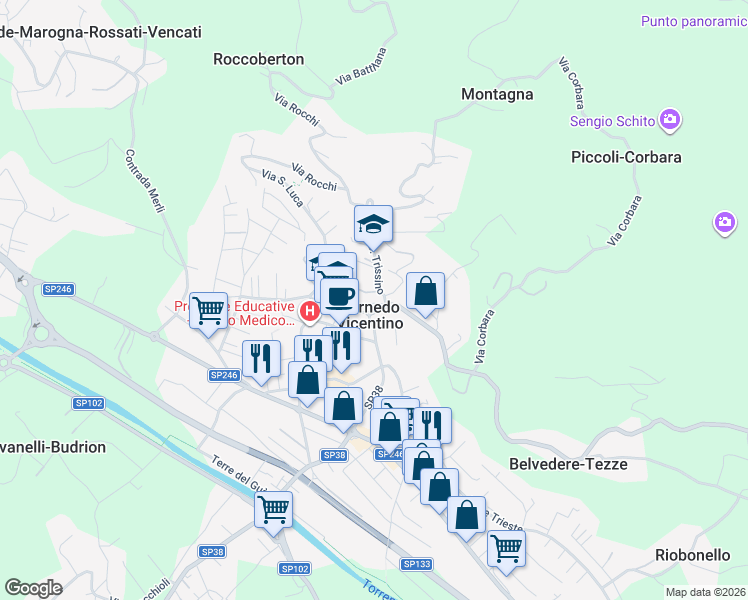 map of restaurants, bars, coffee shops, grocery stores, and more near 57 Via Camillo Benso Conte di Cavour in Cornedo Vicentino
