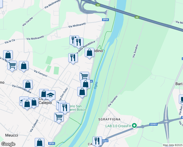 map of restaurants, bars, coffee shops, grocery stores, and more near 36 Via Carlo Curotti in Castelli Calepio