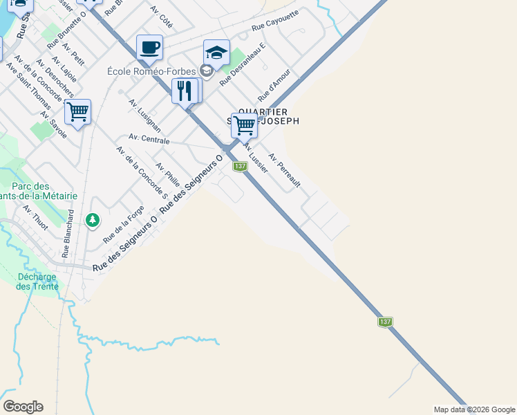 map of restaurants, bars, coffee shops, grocery stores, and more near 17987 Avenue Saint-Louis in Saint-Hyacinthe