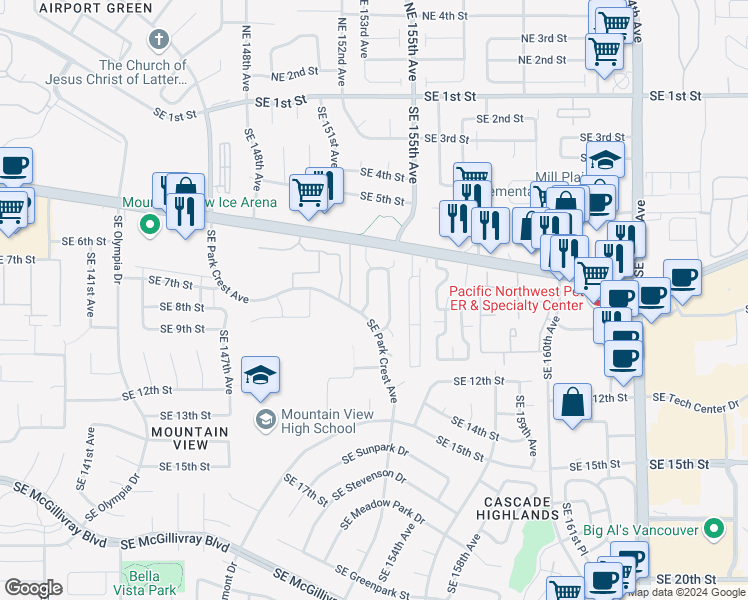 map of restaurants, bars, coffee shops, grocery stores, and more near 901 Southeast 152nd Avenue in Vancouver