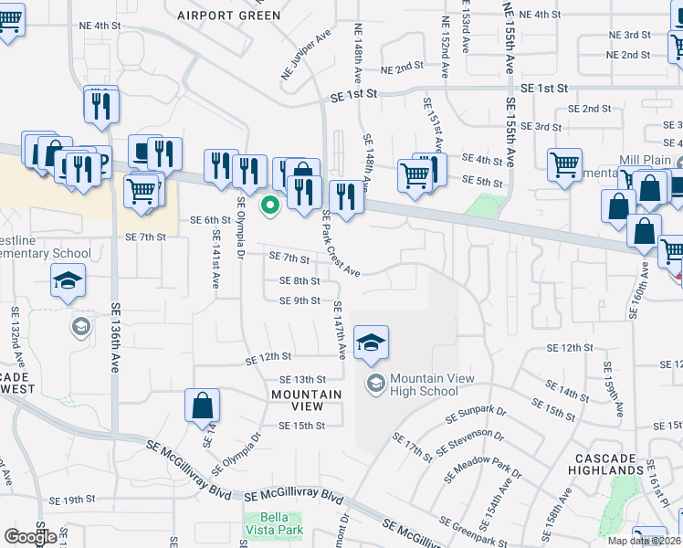 map of restaurants, bars, coffee shops, grocery stores, and more near 14620 Southeast 8th Street in Vancouver