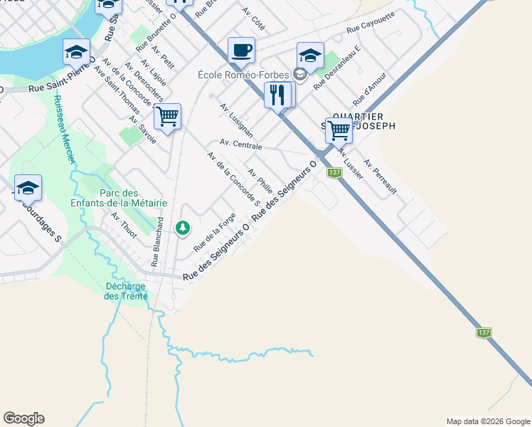 map of restaurants, bars, coffee shops, grocery stores, and more near 989 Rue des Seigneurs Ouest in Saint-Hyacinthe
