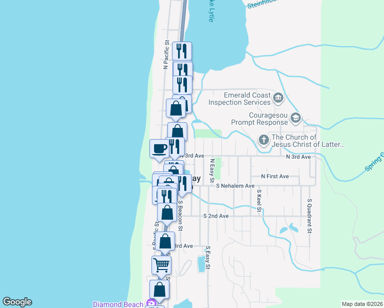 map of restaurants, bars, coffee shops, grocery stores, and more near 215 N 3rd Ave in Rockaway Beach