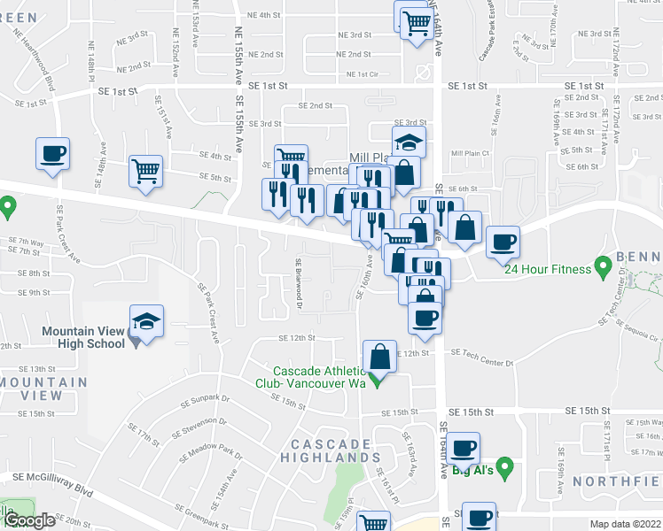 map of restaurants, bars, coffee shops, grocery stores, and more near 1000 Southeast 160th Avenue in Vancouver