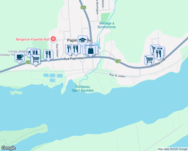 map of restaurants, bars, coffee shops, grocery stores, and more near 133 Rue Henri Bourassa in Papineauville
