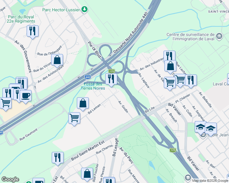 map of restaurants, bars, coffee shops, grocery stores, and more near 4025 H Boulevard Leman in Laval