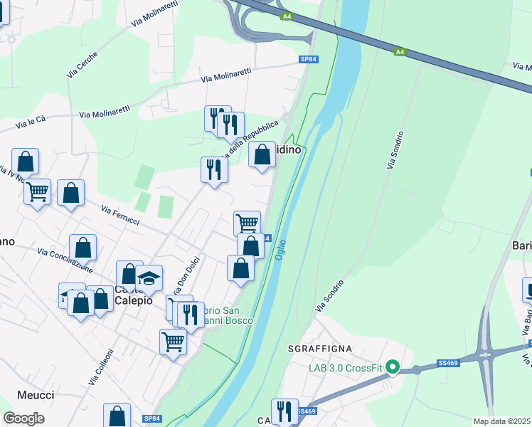 map of restaurants, bars, coffee shops, grocery stores, and more near 36 Via Carlo Curotti in Castelli Calepio