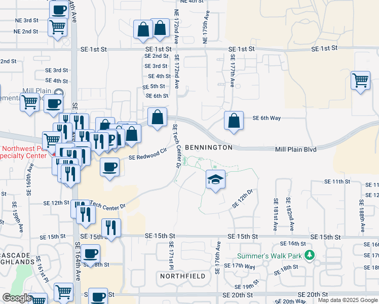 map of restaurants, bars, coffee shops, grocery stores, and more near 17701 Southeast Mill Plain Boulevard in Vancouver