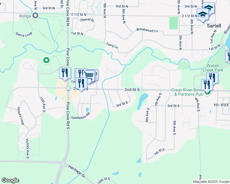 map of restaurants, bars, coffee shops, grocery stores, and more near 224 Horizon Avenue in Sartell