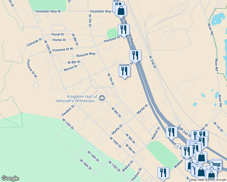 map of restaurants, bars, coffee shops, grocery stores, and more near 46 West 7th Street in The Dalles