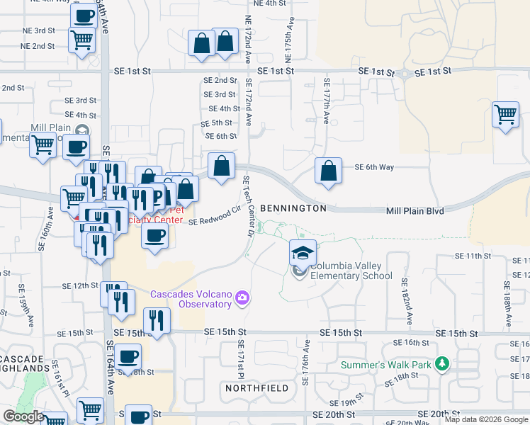 map of restaurants, bars, coffee shops, grocery stores, and more near 17701 Southeast Mill Plain Boulevard in Vancouver