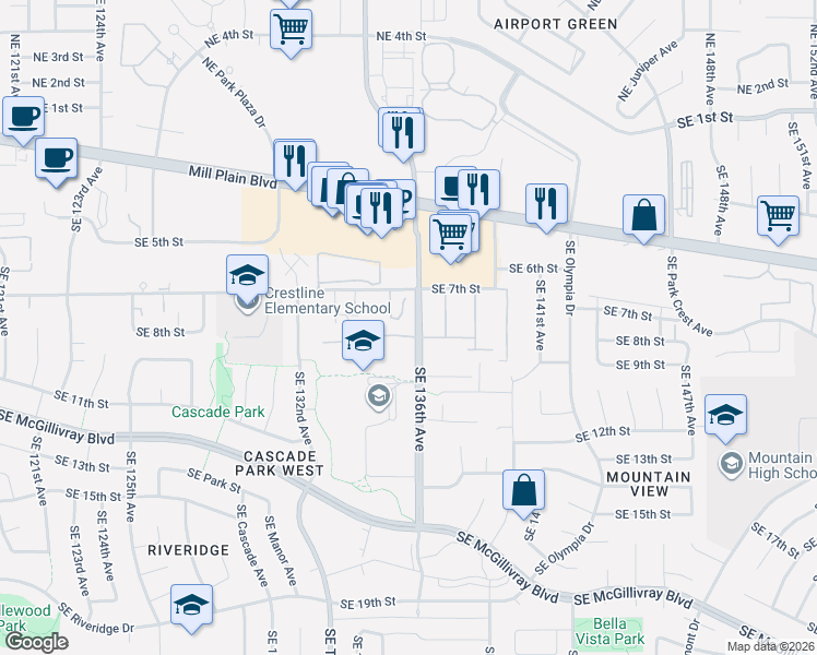 map of restaurants, bars, coffee shops, grocery stores, and more near 718 Southeast 135th Court in Vancouver