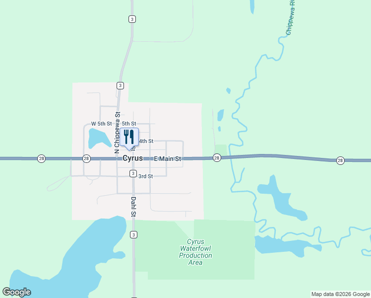 map of restaurants, bars, coffee shops, grocery stores, and more near 412 East Main Street in Cyrus