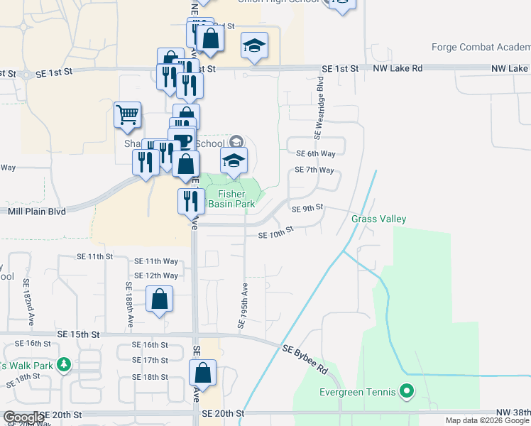 map of restaurants, bars, coffee shops, grocery stores, and more near 19515 Southeast 9th Circle in Camas