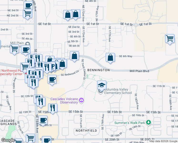 map of restaurants, bars, coffee shops, grocery stores, and more near 17701 Southeast Mill Plain Boulevard in Vancouver