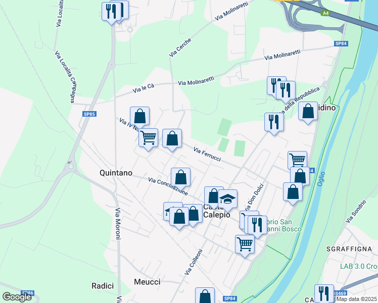 map of restaurants, bars, coffee shops, grocery stores, and more near 12 Via Ferrucci in Castelli Calepio