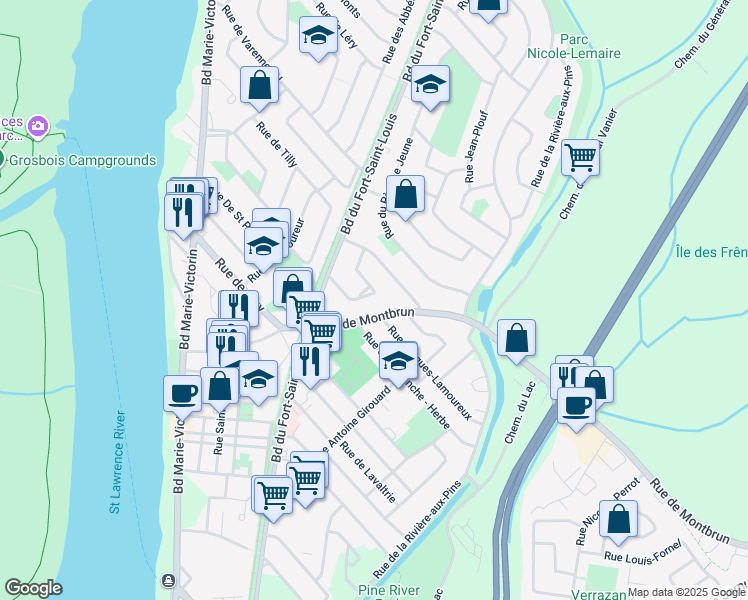 map of restaurants, bars, coffee shops, grocery stores, and more near 697 Rue Charles Lussier in Boucherville