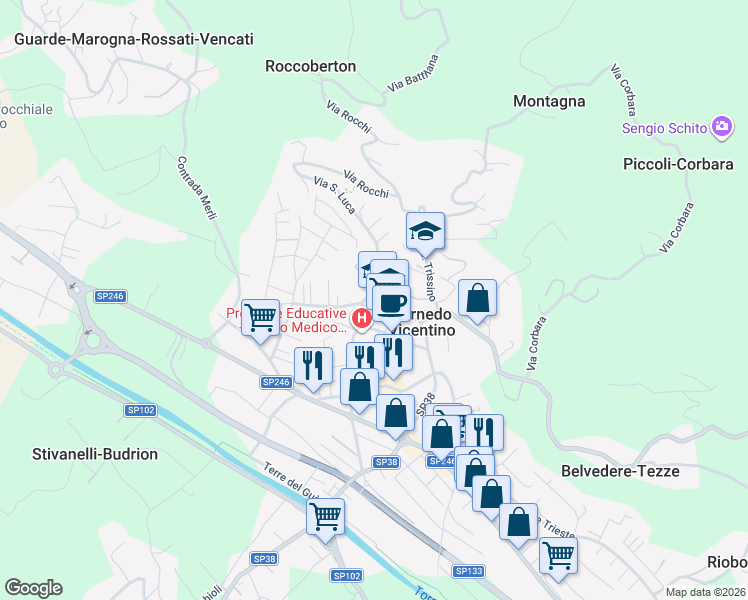 map of restaurants, bars, coffee shops, grocery stores, and more near 34 Piazza Aldo Moro in Cornedo Vicentino