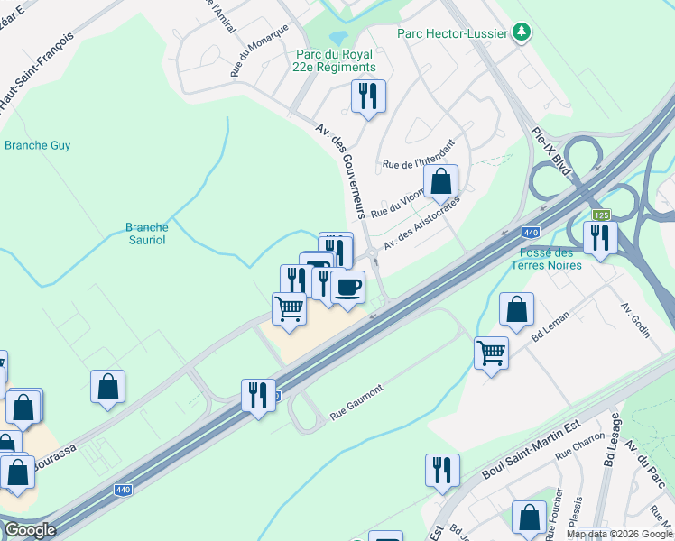 map of restaurants, bars, coffee shops, grocery stores, and more near 2930 Avenue des Aristocrates in Laval