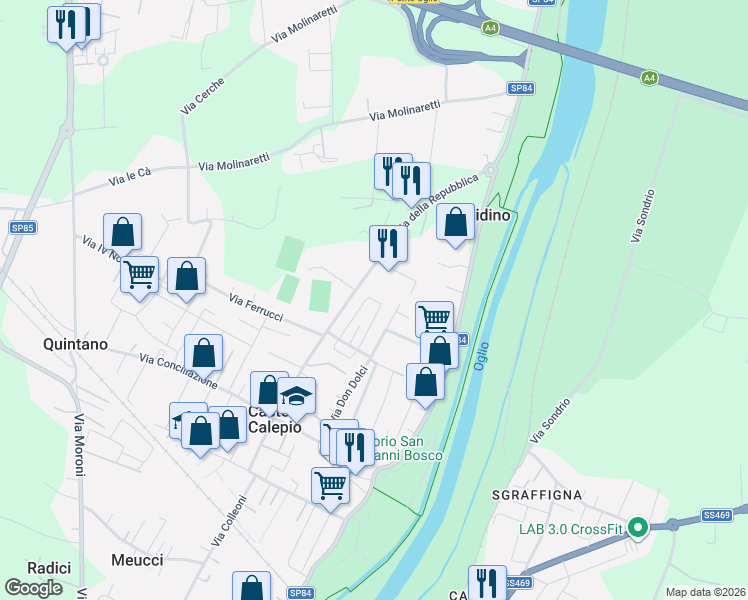 map of restaurants, bars, coffee shops, grocery stores, and more near 16 Via Giotto in Castelli Calepio