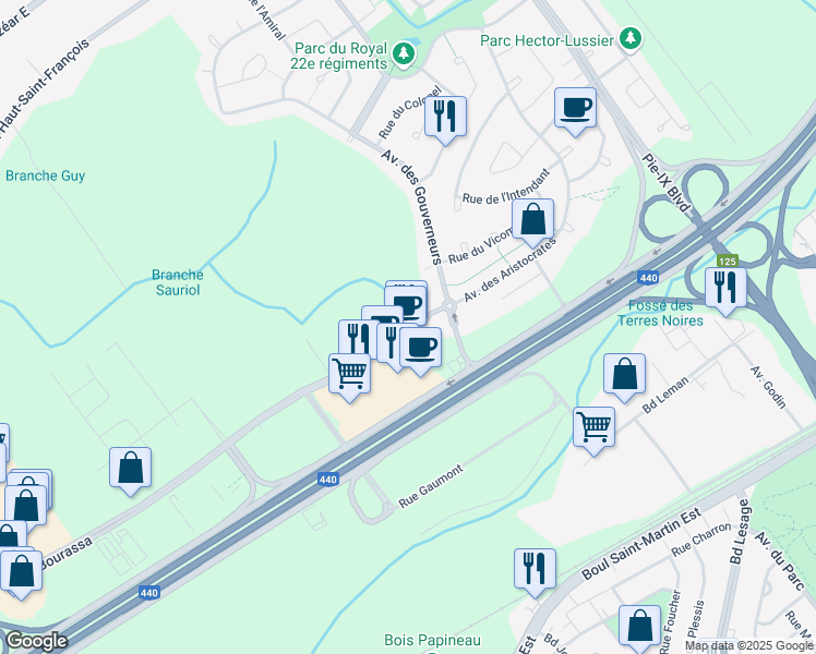 map of restaurants, bars, coffee shops, grocery stores, and more near 2930 Avenue des Aristocrates in Laval