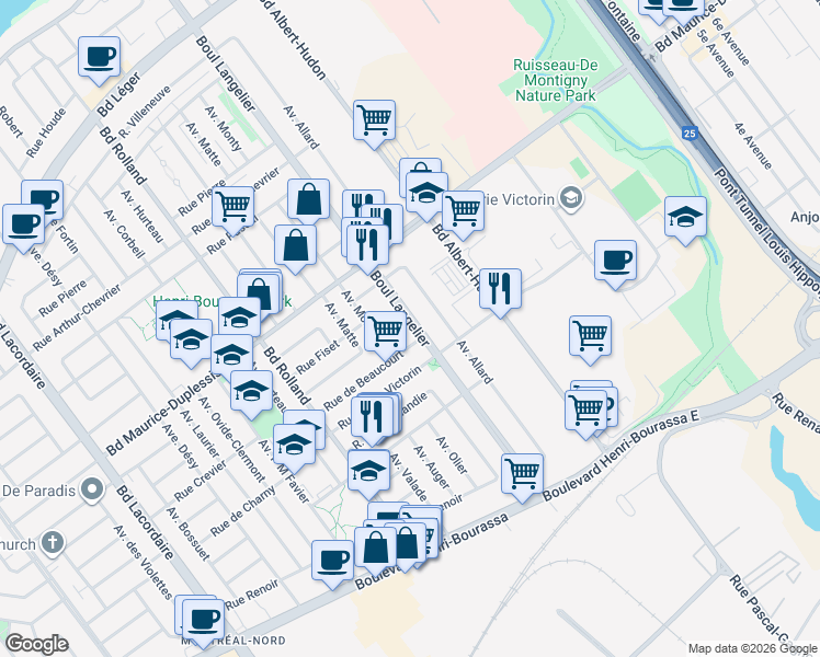 map of restaurants, bars, coffee shops, grocery stores, and more near 11720 Boulevard Langelier in Montreal