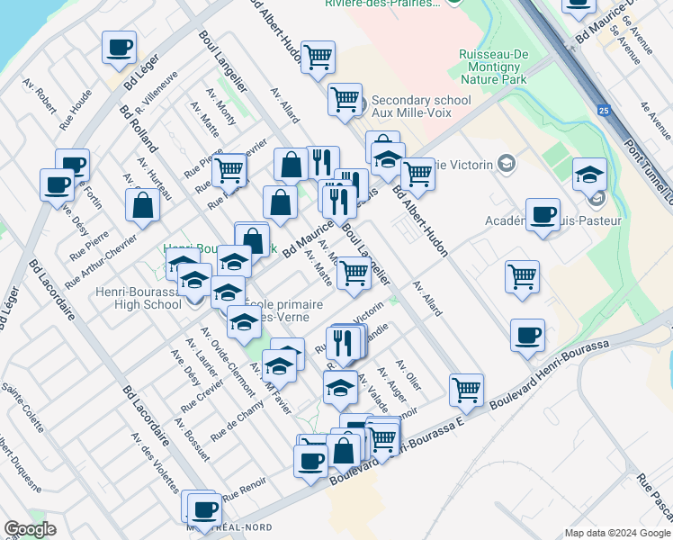map of restaurants, bars, coffee shops, grocery stores, and more near 6400 Rue Fiset in Montréal