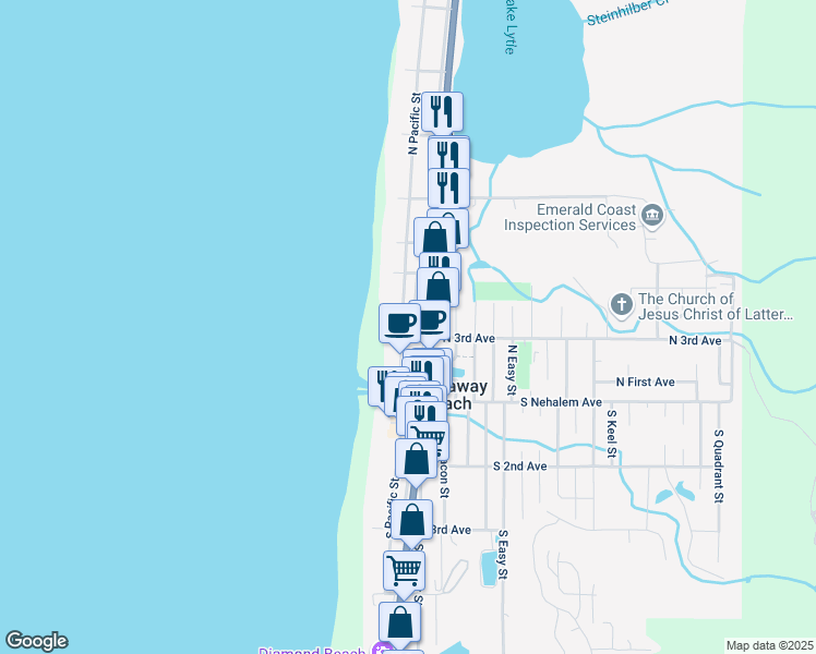 map of restaurants, bars, coffee shops, grocery stores, and more near 160 North 3rd Avenue in Rockaway Beach