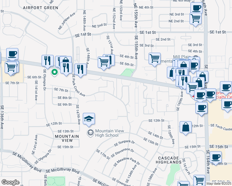 map of restaurants, bars, coffee shops, grocery stores, and more near 907 Southeast Park Crest Avenue in Vancouver