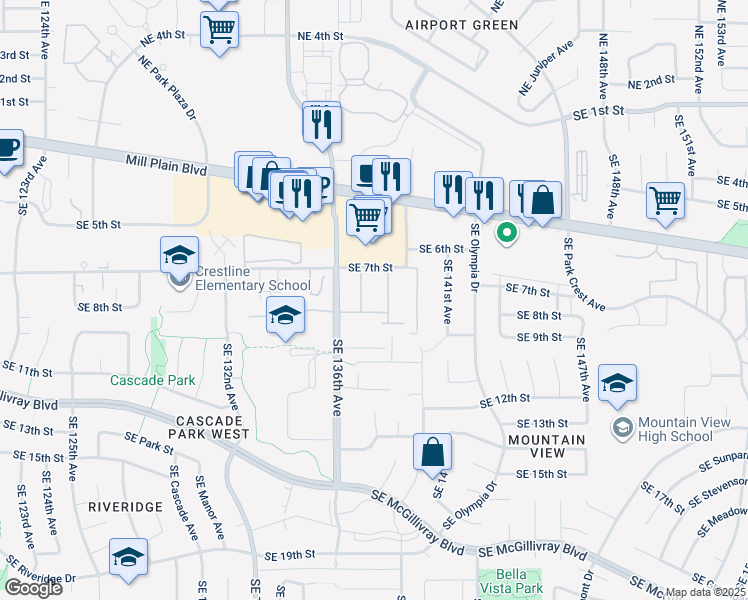 map of restaurants, bars, coffee shops, grocery stores, and more near 905 Southeast 136th Avenue in Vancouver