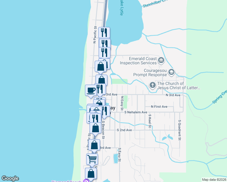 map of restaurants, bars, coffee shops, grocery stores, and more near 215 North 3rd Avenue in Rockaway Beach