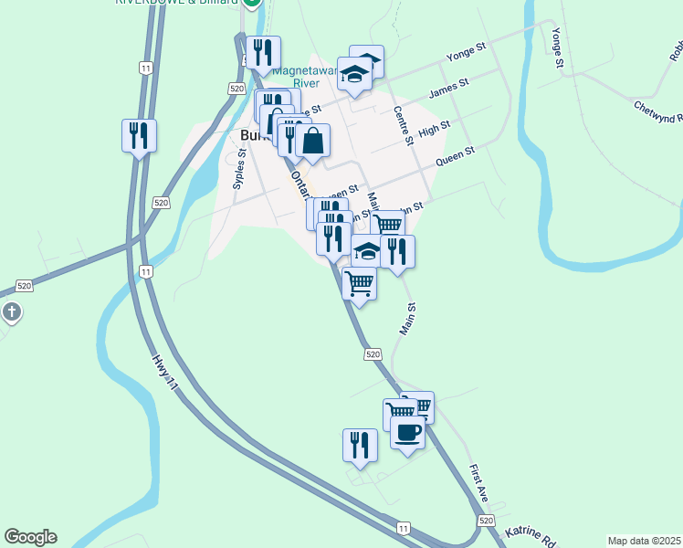 map of restaurants, bars, coffee shops, grocery stores, and more near 95 Ontario 520 in Burk's Falls