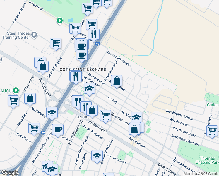 map of restaurants, bars, coffee shops, grocery stores, and more near 7480 Avenue Lévesque in Montréal