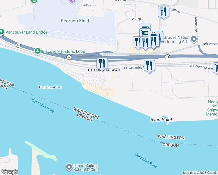 map of restaurants, bars, coffee shops, grocery stores, and more near 8 Southeast Columbia River Drive in Vancouver