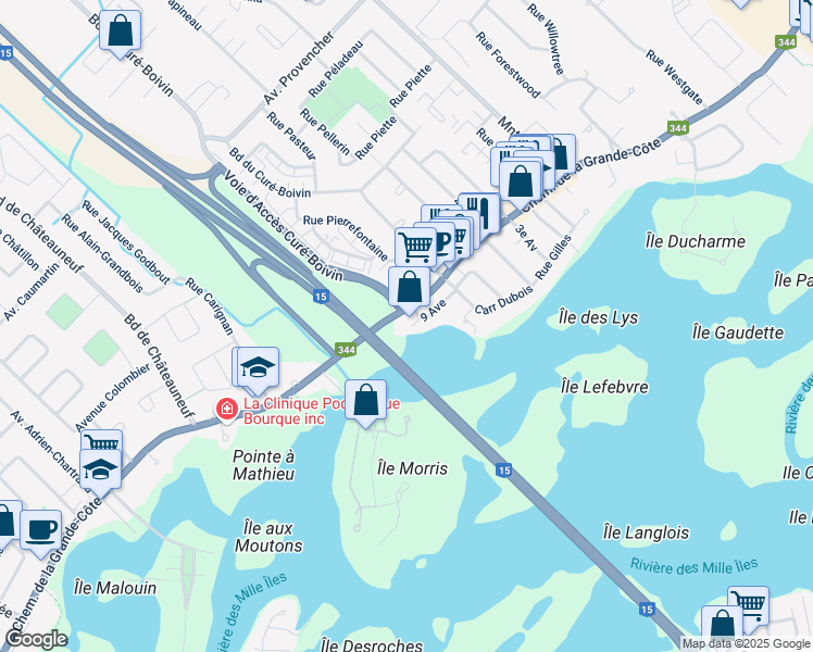 map of restaurants, bars, coffee shops, grocery stores, and more near in Boisbriand
