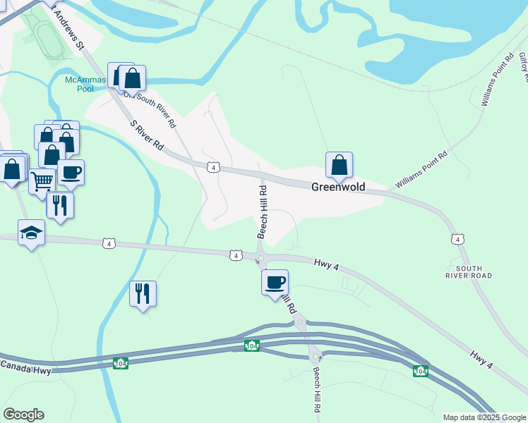 map of restaurants, bars, coffee shops, grocery stores, and more near 65 Beech Hill Road in Antigonish