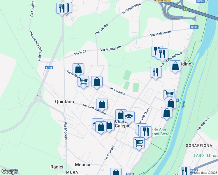 map of restaurants, bars, coffee shops, grocery stores, and more near 12 Via Ferrucci in Castelli Calepio