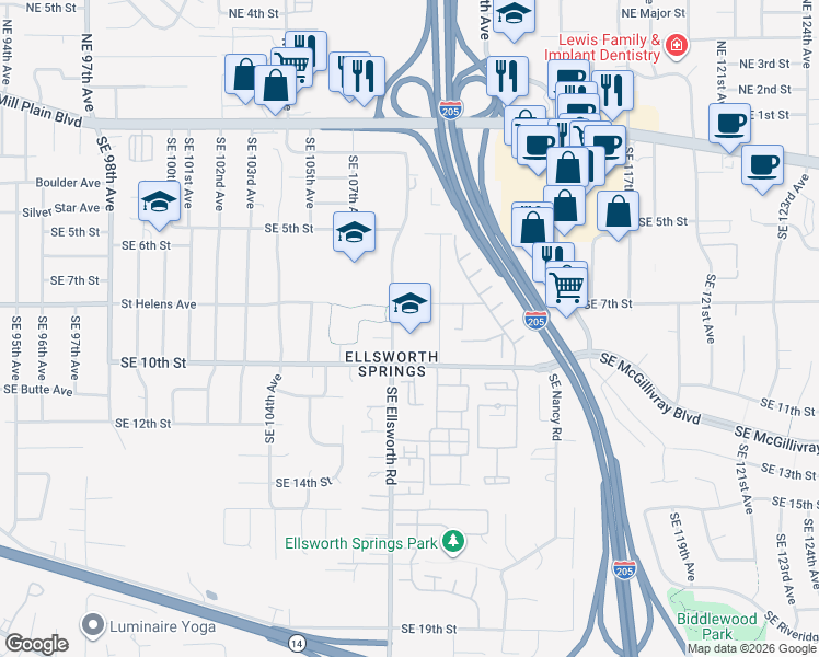 map of restaurants, bars, coffee shops, grocery stores, and more near 805 Southeast Ellsworth Road in Vancouver