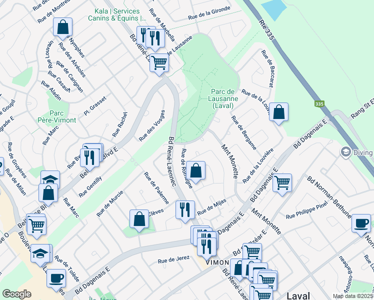 map of restaurants, bars, coffee shops, grocery stores, and more near 2175 Rue de Romagne in Laval
