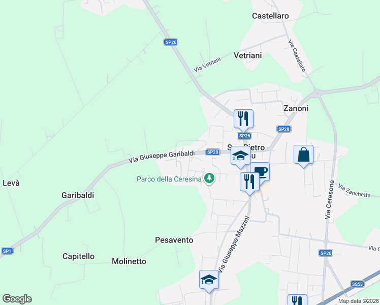 map of restaurants, bars, coffee shops, grocery stores, and more near 56 Via Giuseppe Garibaldi in San Pietro In Gu