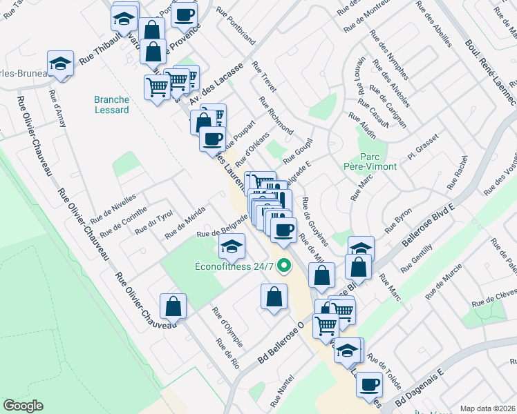 map of restaurants, bars, coffee shops, grocery stores, and more near 3720 Boulevard des Laurentides in Laval