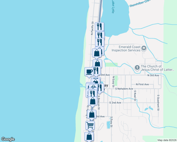 map of restaurants, bars, coffee shops, grocery stores, and more near 321 North Pacific Street in Rockaway Beach